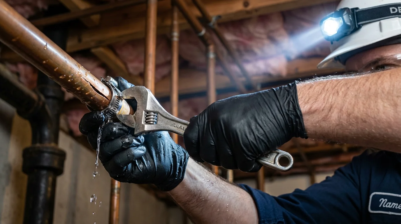 Emergency pipe clamp repair being performed by a Johns Plumbing LLC plumber in Lemoyne